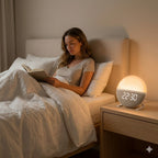 Femme assise dans son lit lisant un livre à côté d’un réveil simulateur d’aube allumé affichant 22:30 sur une table de chevet.