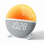 Réveil lumineux rond simulant un lever de soleil avec écran LED affichant l’heure 10:28.