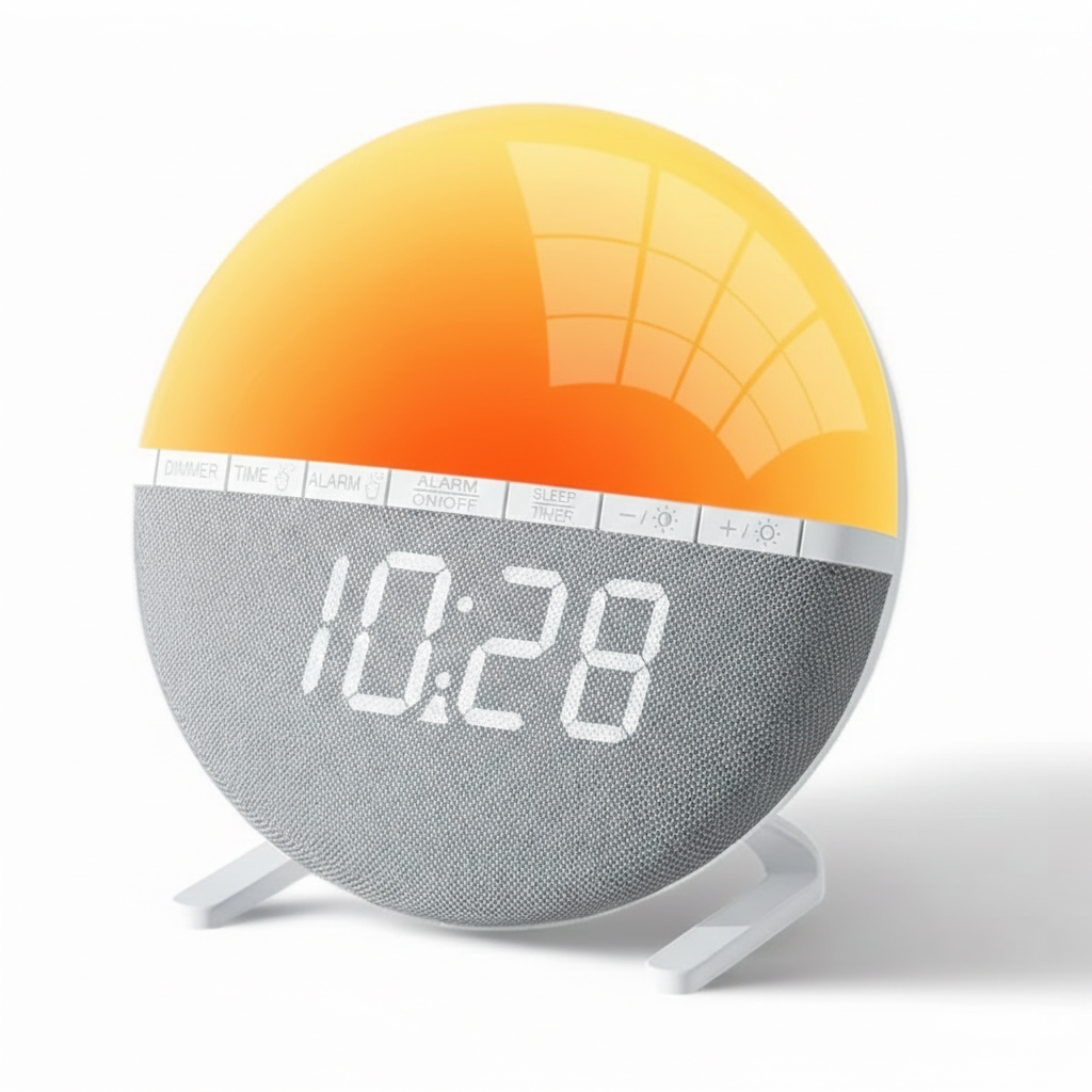 Réveil lumineux rond simulant un lever de soleil avec écran LED affichant l’heure 10:28.