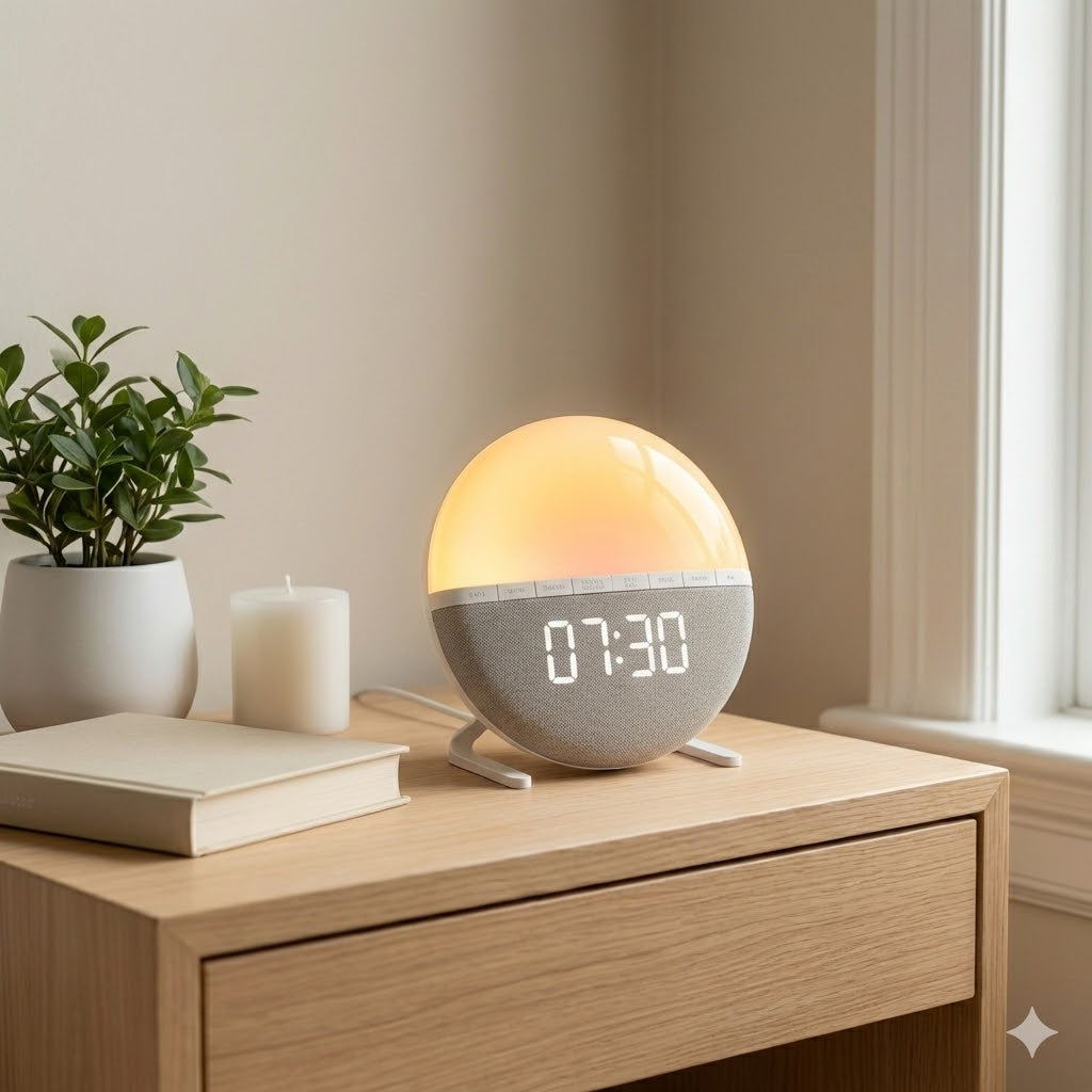 Réveil simulateur d’aube rond diffusant une lumière douce posé sur une table de nuit près d’une fenêtre affichant 07:30.