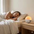Femme endormie dans son lit avec un réveil simulateur d’aube affichant 07:00 posé sur une table de chevet.