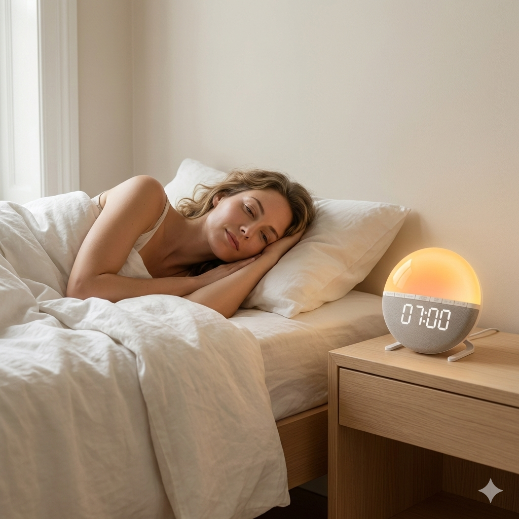 Femme endormie dans son lit avec un réveil simulateur d’aube affichant 07:00 posé sur une table de chevet.