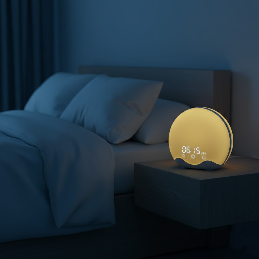 Simulation de coucher de soleil avec la veilleuse orange du réveil NightRitual.