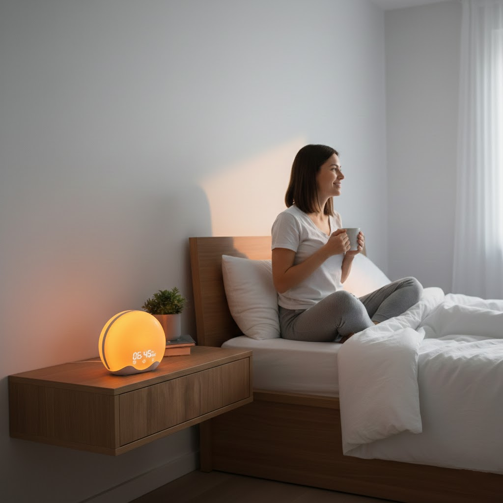 Le réveil simulateur d'aube utilisé comme lampe de chevet dans une chambre.