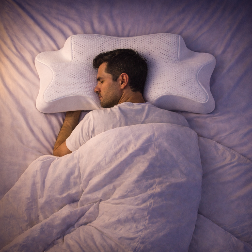 Personne dormant sur le côté avec l'oreiller NightRitual pour un alignement optimal.