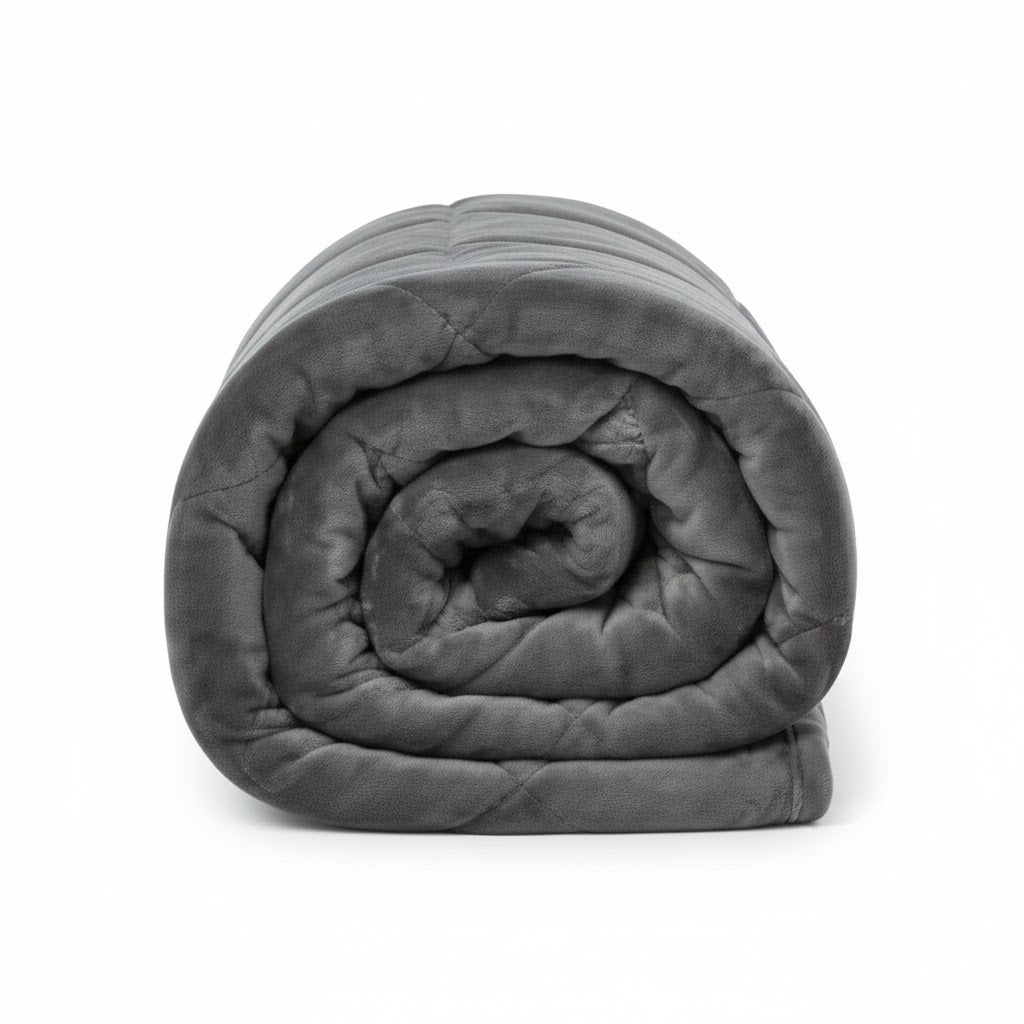Couverture lestée hiver NightRitual enroulée, face flanelle grise et revers sherpa blanc