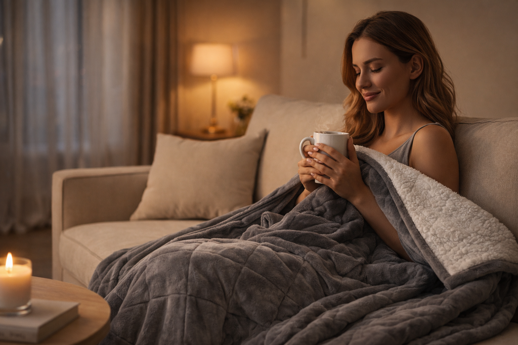 Femme prenant un thé couverte d'une couverture lestée sherpa dans une ambiance cocooning.