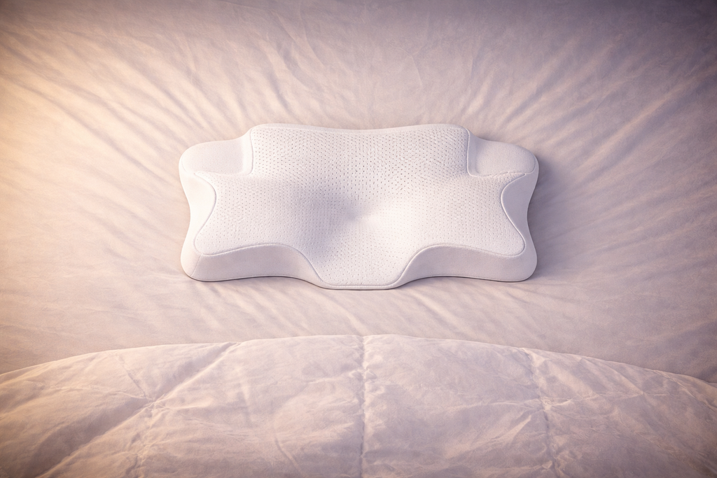 Oreiller NightRitual blanc installé sur un lit pour une ambiance de chambre sereine.