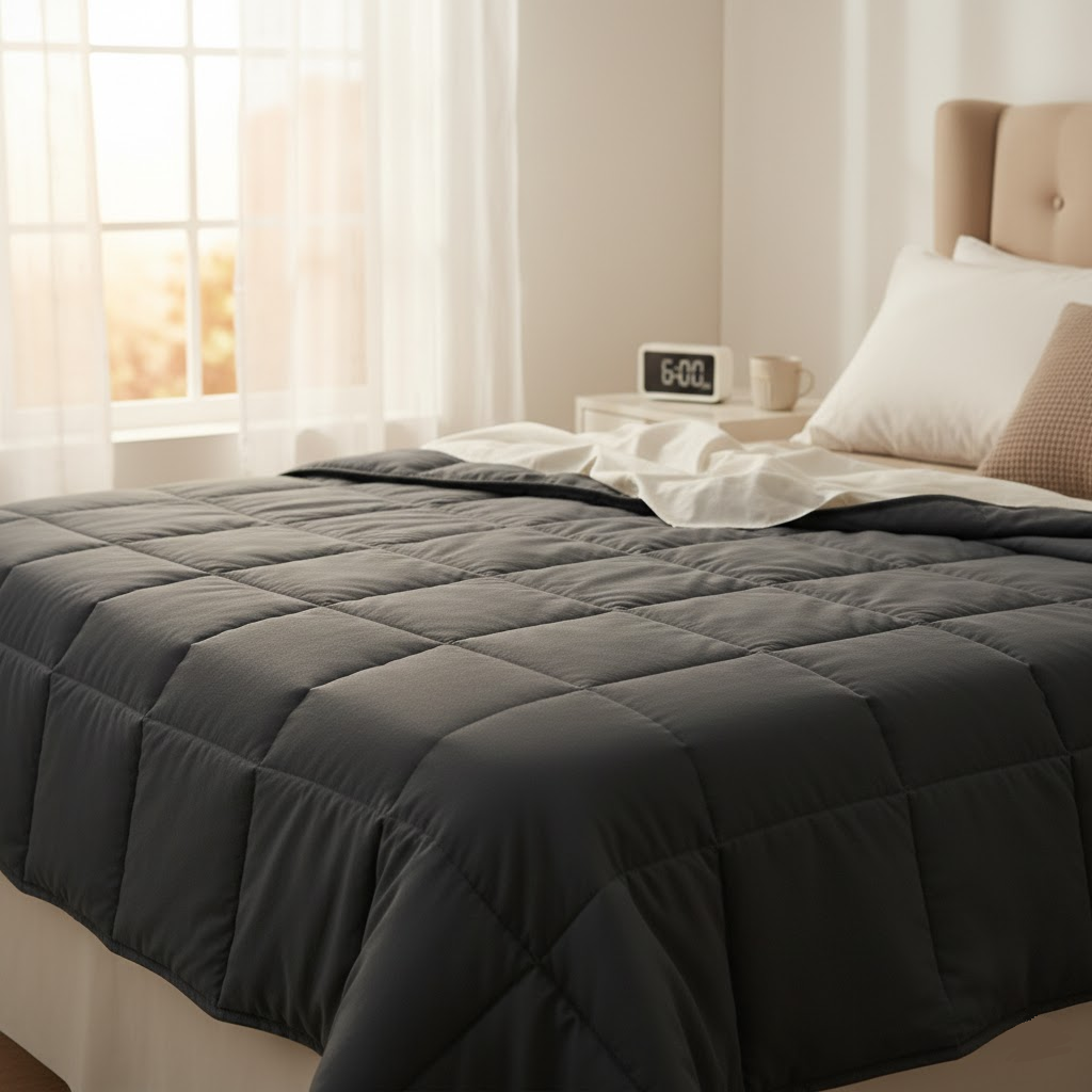 Ambiance de chambre avec la couverture lestée NightRitual étalée sur un lit double.