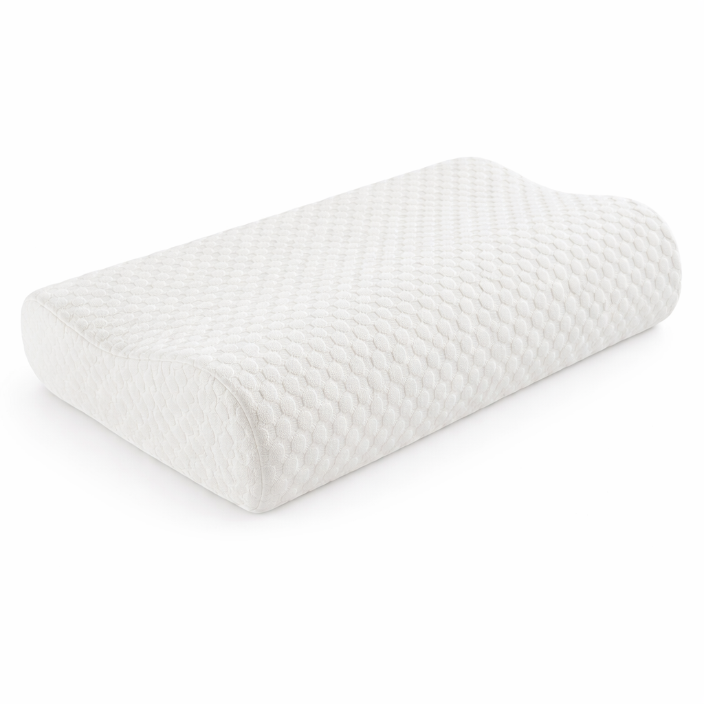 Oreiller ergonomique NightRitual en mousse à mémoire de forme avec housse blanche à mosaique.