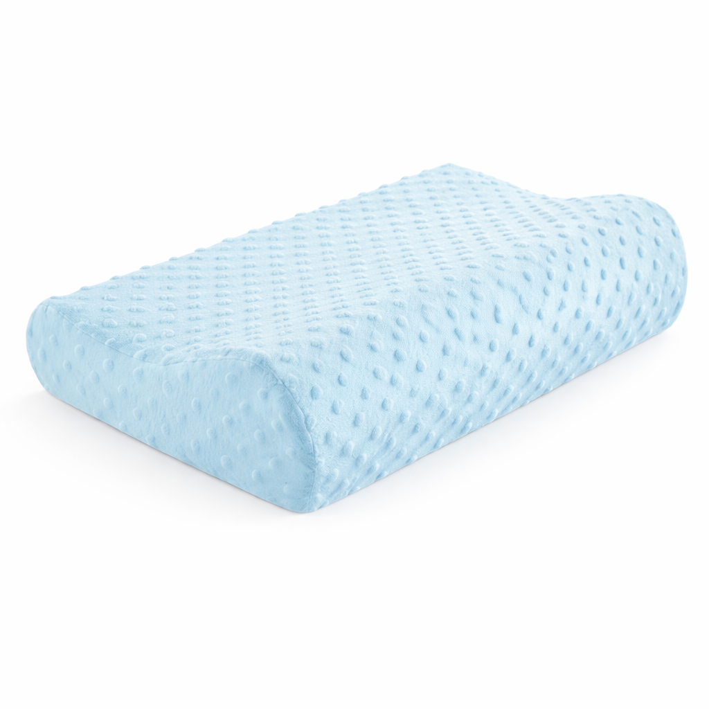 Oreiller ergonomique NightRitual en mousse à mémoire de forme avec housse bleue.
