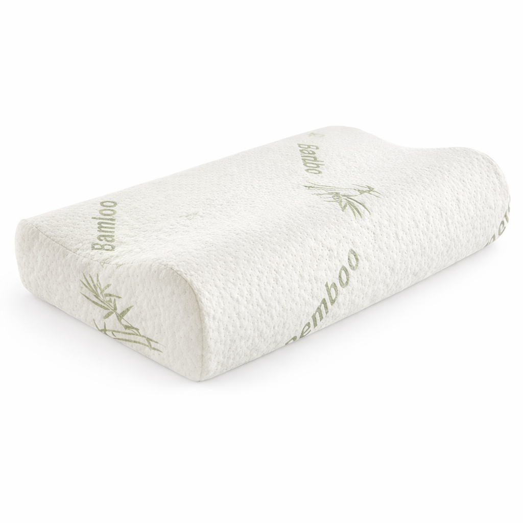 Oreiller ergonomique NightRitual en mousse à mémoire de forme avec housse imprimé blanc et tag bamboo.