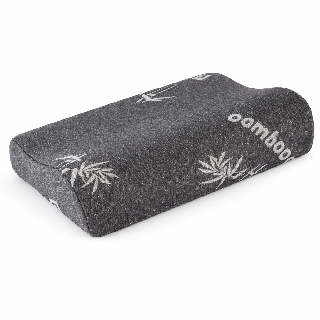 Oreiller ergonomique NightRitual en mousse à mémoire de forme avec housse grise et imprimé bamboo.