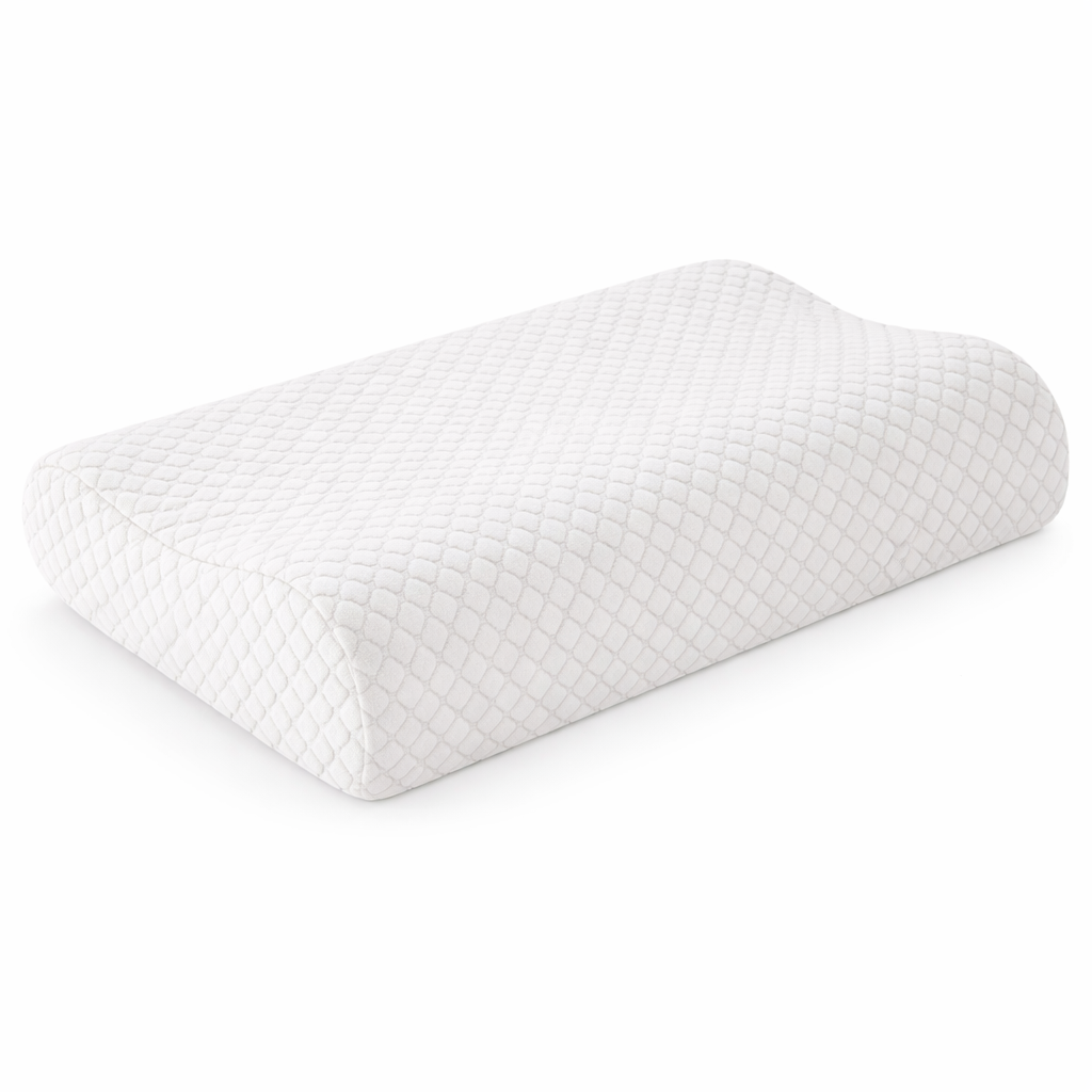 Oreiller ergonomique NightRitual en mousse à mémoire de forme avec housse blanche à losange.