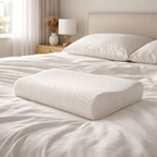 Oreiller à mémoire de forme blanc posé sur un lit en présentation.