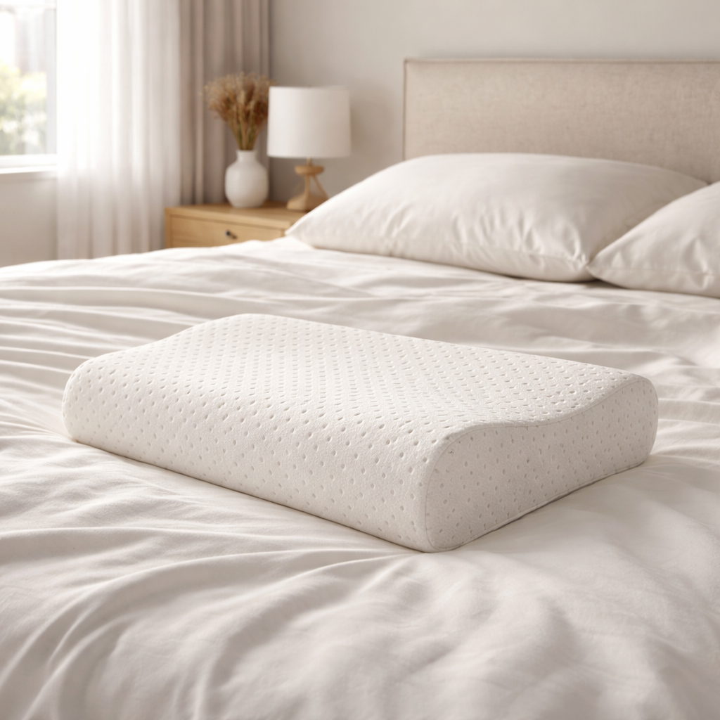 Oreiller à mémoire de forme blanc posé sur un lit en présentation.
