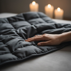 Détail de la texture matelassée de la couverture lestée NightRitual sous la main.
