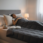 Femme dormant paisiblement sous une couverture lestée grise dans une chambre apaisante.
